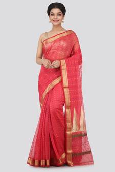 Pink hand woven cotton silk saree with blouse