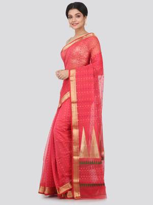 Pink hand woven cotton silk saree with blouse 2