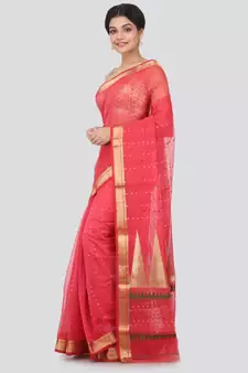 Pink hand woven cotton silk saree with blouse