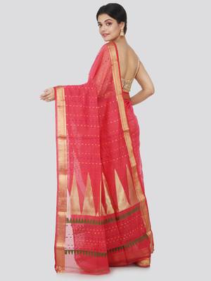 Pink hand woven cotton silk saree with blouse 3