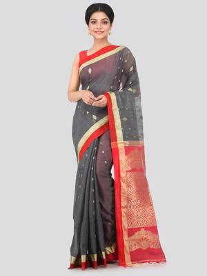 Grey hand woven cotton silk saree with blouse 1