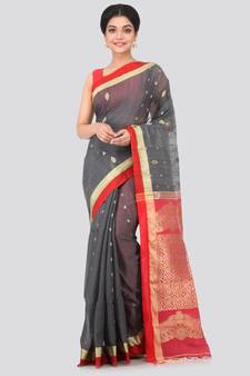 Grey hand woven cotton silk saree with blouse