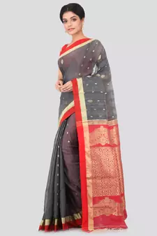 Grey hand woven cotton silk saree with blouse