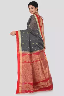 Grey hand woven cotton silk saree with blouse