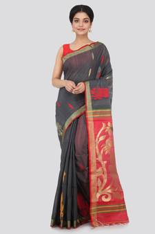 Grey hand woven cotton silk saree with blouse