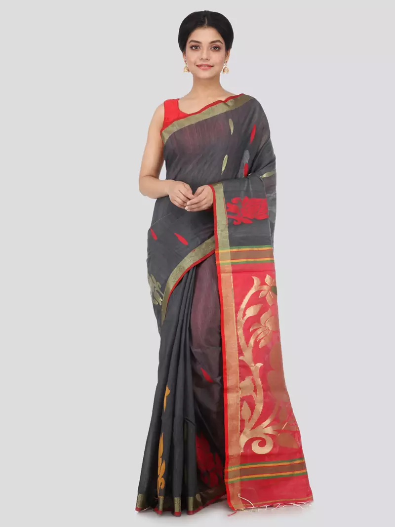 Grey hand woven cotton silk saree with blouse