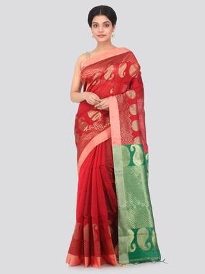 Maroon hand woven cotton silk saree with blouse 1