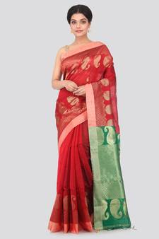 Maroon hand woven cotton silk saree with blouse