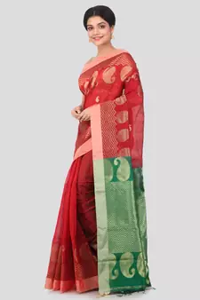 Maroon hand woven cotton silk saree with blouse