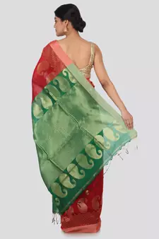 Maroon hand woven cotton silk saree with blouse