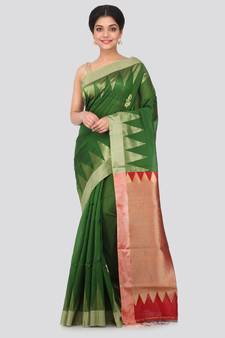 Green hand woven cotton silk saree with blouse