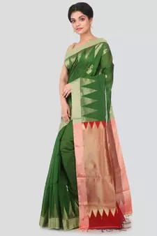 Green hand woven cotton silk saree with blouse