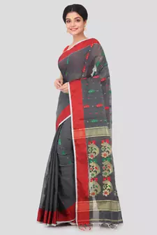 Grey hand woven cotton silk saree with blouse