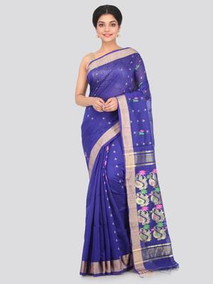 Blue hand woven cotton silk saree with blouse 1