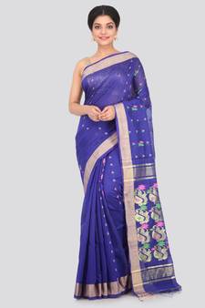 Blue hand woven cotton silk saree with blouse