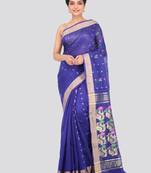 Blue hand woven cotton silk saree with blouse