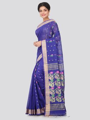 Blue hand woven cotton silk saree with blouse 2