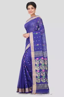 Blue hand woven cotton silk saree with blouse