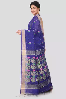 Blue hand woven cotton silk saree with blouse