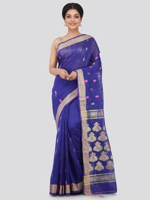 Blue hand woven cotton silk saree with blouse 1