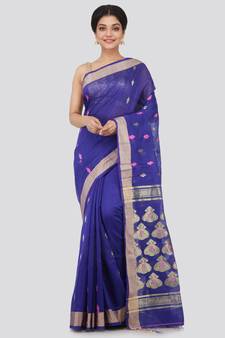 Blue hand woven cotton silk saree with blouse