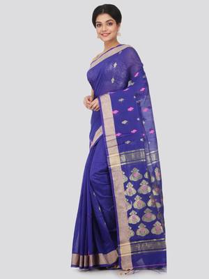 Blue hand woven cotton silk saree with blouse 2