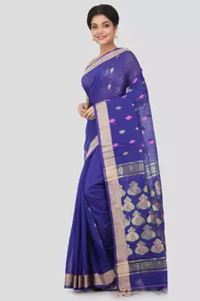 Blue hand woven cotton silk saree with blouse