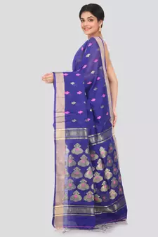 Blue hand woven cotton silk saree with blouse