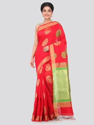 Red hand woven cotton silk saree with blouse 1