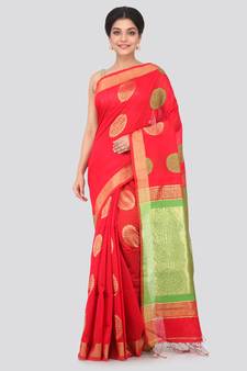 Red hand woven cotton silk saree with blouse
