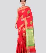 Red hand woven cotton silk saree with blouse