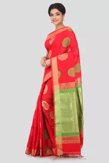 Red hand woven cotton silk saree with blouse