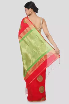 Red hand woven cotton silk saree with blouse