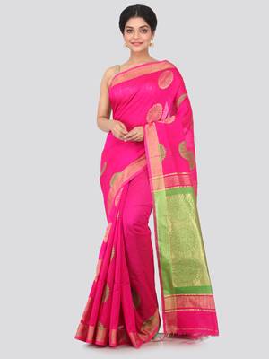 Pink hand woven cotton silk saree with blouse 1