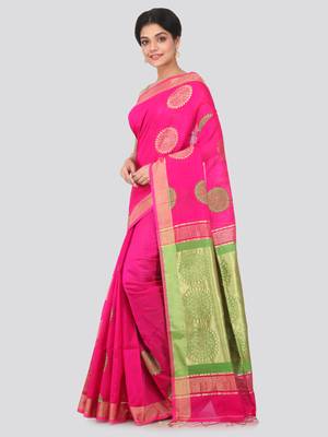 Pink hand woven cotton silk saree with blouse 2