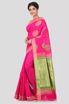 Pink hand woven cotton silk saree with blouse