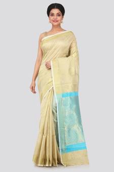 Beige hand woven cotton silk saree with blouse