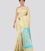 Beige hand woven cotton silk saree with blouse