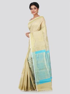 Beige hand woven cotton silk saree with blouse 2
