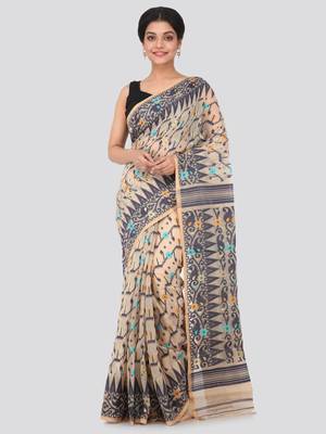 Beige Hand Woven Pure Cotton Saree Without Blouse 1