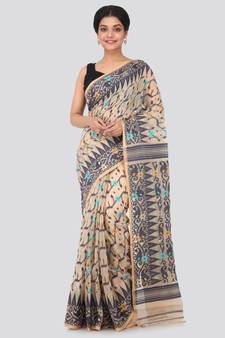 Beige Hand Woven Pure Cotton Saree Without Blouse