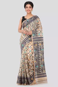 Beige Hand Woven Pure Cotton Saree Without Blouse
