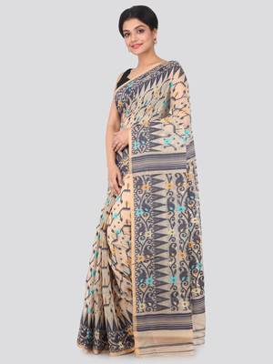 Beige Hand Woven Pure Cotton Saree Without Blouse 3