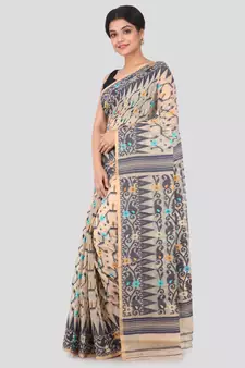 Beige Hand Woven Pure Cotton Saree Without Blouse