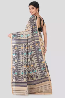 Beige Hand Woven Pure Cotton Saree Without Blouse
