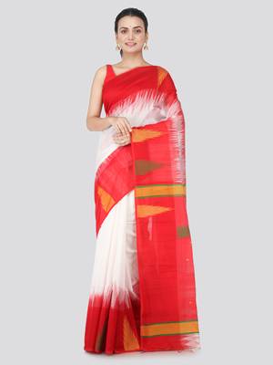 White hand woven cotton silk saree with blouse 1