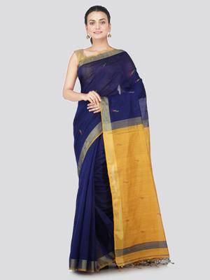 Blue hand woven cotton silk saree with blouse 1