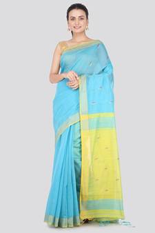 Light blue hand woven cotton silk saree with blouse