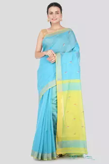 Light blue hand woven cotton silk saree with blouse
