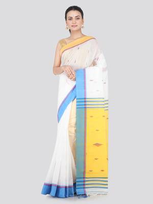 White hand woven cotton silk saree with blouse 1
